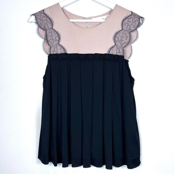 3.1 Philip Lim Silk Pleated Tan Black Top Blouse Size Large - Picture 2 of 13